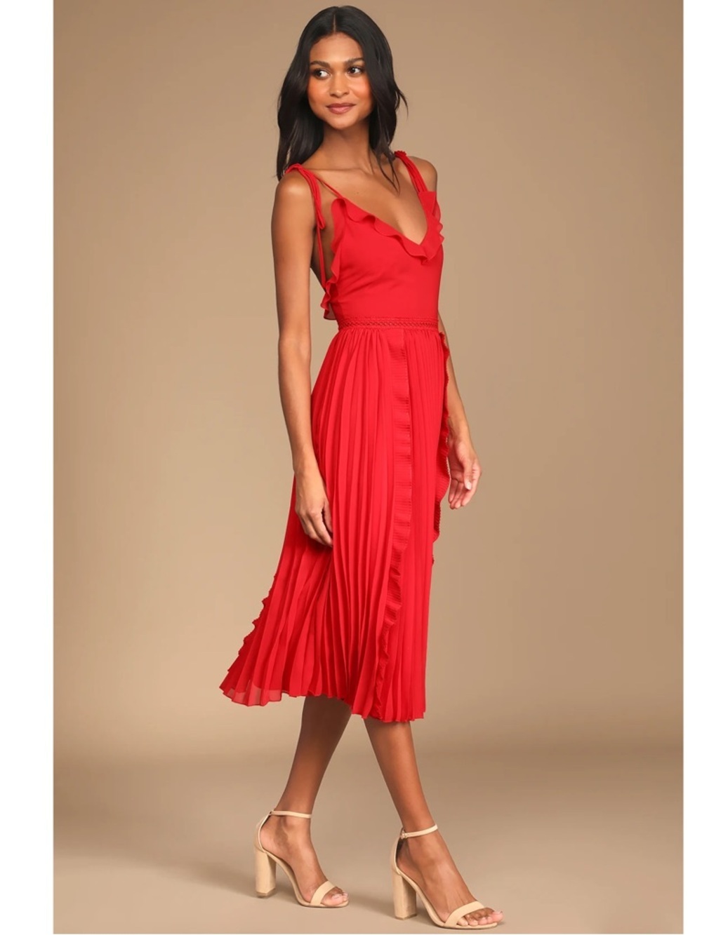 NWT Lulu’s Never a Dull Moment Bright Red Tie-Strap Pleated Midi Dress XS & M - Picture 3 of 11